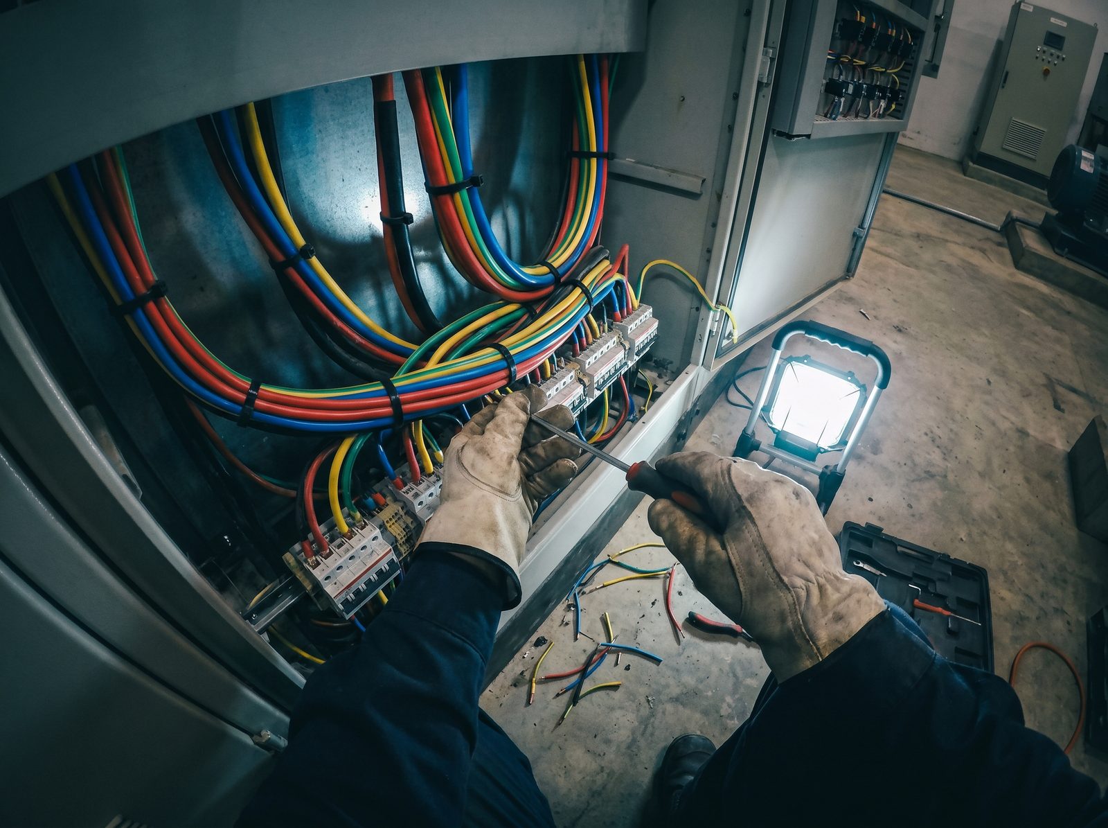 First-person view of an electrician wiring a switchboard
