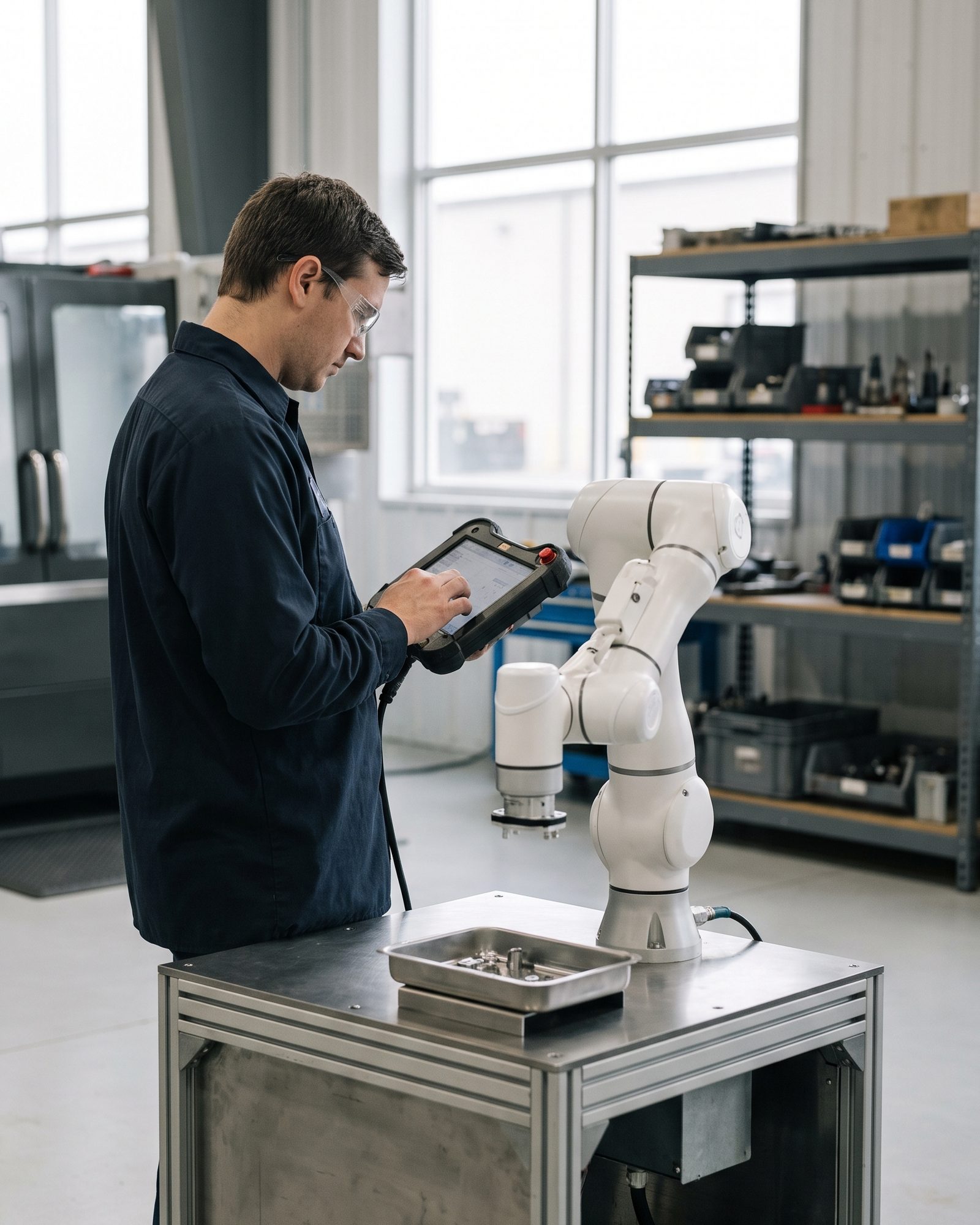 A technician commissioning a collaborative robot arm at a workstation with a teach pendant