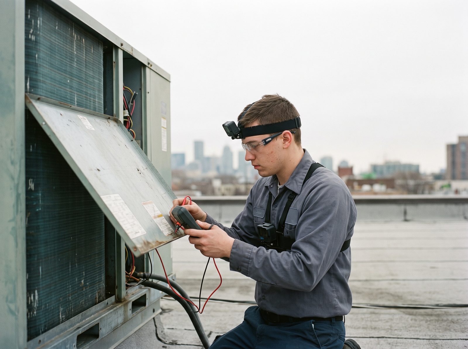 A tradesperson wearing head and chest cameras while working on equipment