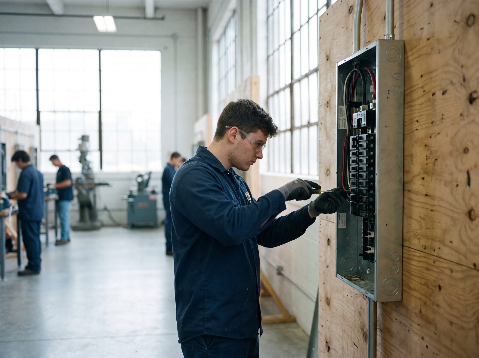 Electrician working on a switchboard in a workshop