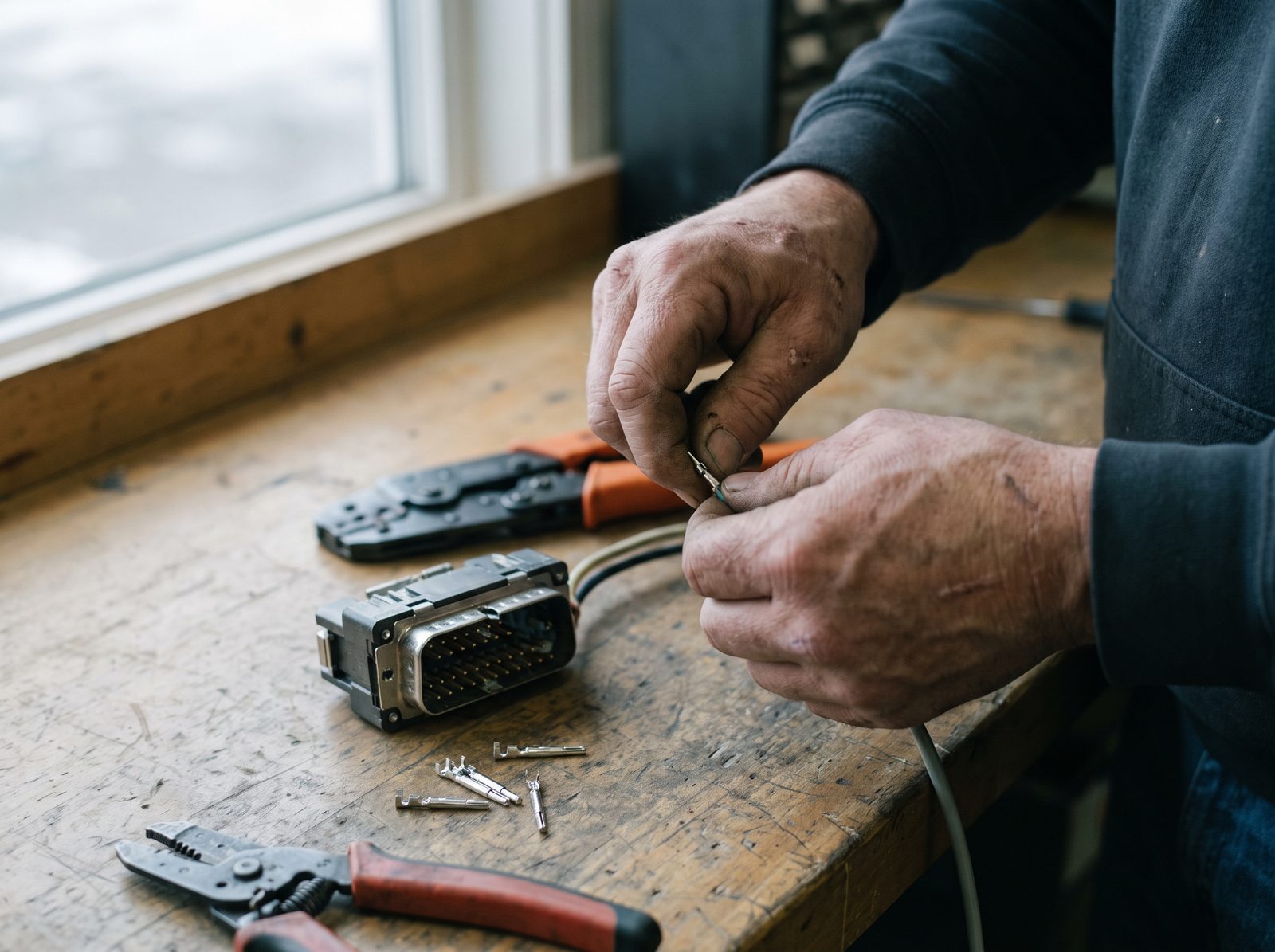 Tradesperson assembling a multi-pin connector at a workbench